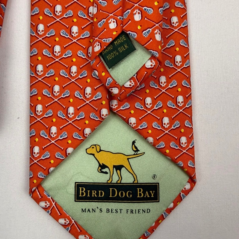 Bird Dog Bay Mens Orange Lacrosse Stick Skull Print Silk Neck Tie - Picture 6 of 7